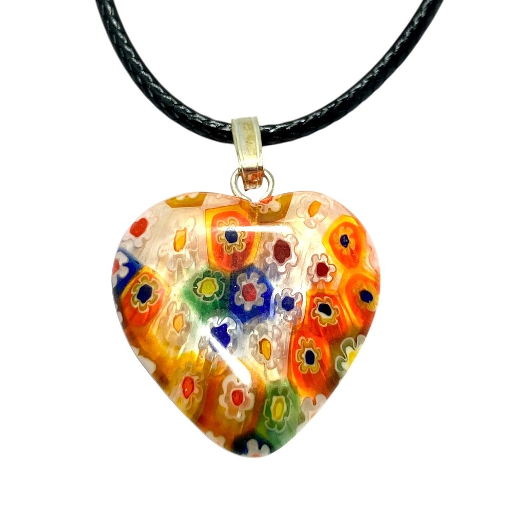 Vintage Murano Millefiori Art Glass Heart Pendant Necklace Multicolor Flowers 18